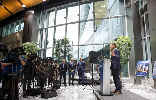 MIKE DEAL / WINNIPEG FREE PRESS
Winnipeg Mayor Brian Bowman during the opening of True North Square's public plaza.
True North Real Estate Development celebrated the official opening of True North Square's public plaza Thursday afternoon inside the lobby of 242 Hargrave because of inclement weather..
180927 - Thursday, September 27, 2018.