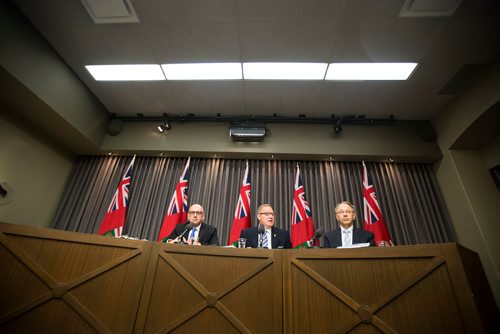 MIKAELA MACKENZIE / WINNIPEG FREE PRESS
Finance Minister Scott Fielding (centre) and other finance department officials speak to the media about the newly released public accounts at the Manitoba Legislative Building in Winnipeg on Friday, Sept. 28, 2018.  Winnipeg Free Press 2018.