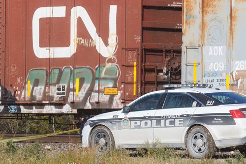 MIKE DEAL / WINNIPEG FREE PRESS
Police at the scene of a CN rail line where a person was hit by a train close to Wilkes Ave. and Shaftesbury Blvd. Friday morning.
180928 - Friday, September 28, 2018.