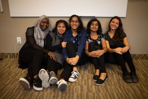 JEN DOERKSEN/WINNIPEG FREE PRESS

(From left to right) Volunteers Amisa Madaraka, Jessalie Macam, Khushi Jariwala, and Sareeha Salim help health educator Sarah Martens run the Teen Talk Peer Support program offered by the Sexuality Education Resource Centre. Friday, September 28, 2018.