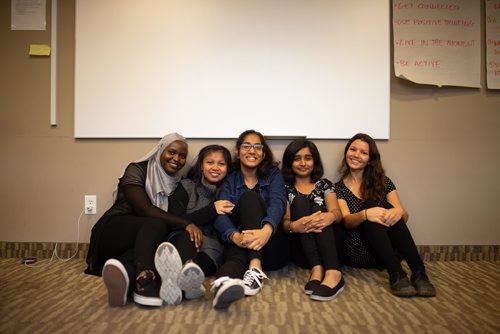 JEN DOERKSEN/WINNIPEG FREE PRESS

(From left to right) Volunteers Amisa Madaraka, Jessalie Macam, Khushi Jariwala, and Sareeha Salim help health educator Sarah Martens run the Teen Talk Peer Support program offered by the Sexuality Education Resource Centre. Friday, September 28, 2018.