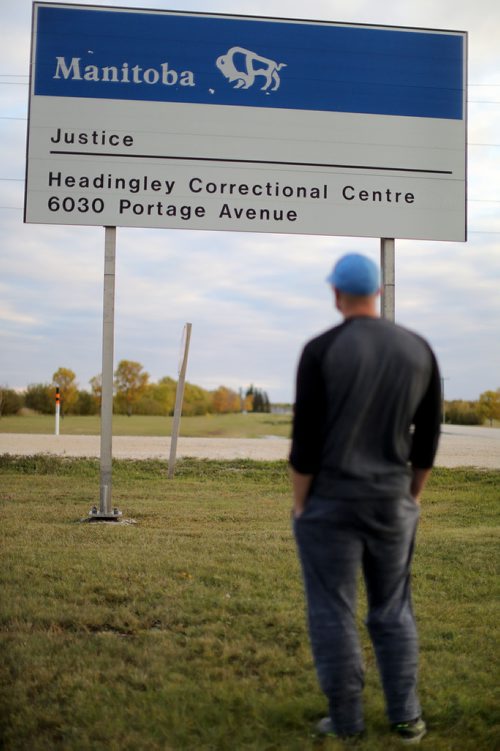 TREVOR HAGAN / WINNIPEG FREE PRESS
"Matthew" who is serving a weekends-only sentence for cultivating his own cannabis, near the entrance to Headingly Jail, Friday, September 28, 2018. For Sol Israel story.