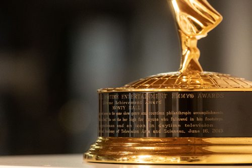 MIKE SUDOMA / WINNIPEG FREE PRESS
Monty Halls Lifetime Achievement Emmy Award on display at the Marilyn and Monty Hall Retrospective Exhibit at the University of Manitobas University Centre. September 30, 2018