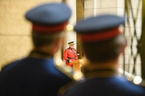 MIKE SUDOMA / WINNIPEG FREE PRESS 
Members of the Winnipeg Police Force watch as RCMP Assistant Commissioner, Scott A Kolody addresses those officers who have fallen in the line of duty during the Manitoba Police and Peace Officers Memorial Service Sunday morning. September 30, 2018
