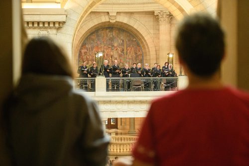 MIKE SUDOMA / WINNIPEG FREE PRESS
The Winnipeg Police Service Choir performing O Canada during the opening cermony of the Manitoba Police and Peace Officers Memorial Service at the Legislature Sunday morning. September 30, 2018