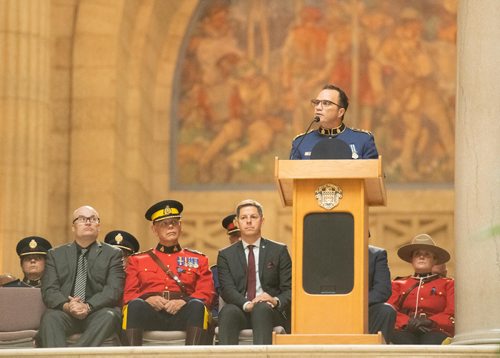 MIKE SUDOMA / WINNIPEG FREE PRESS 
Chief of the Winnipeg Police Service, Danny Smyth, addresses officers who have fallen in the line of duty Sunday morning. September 30, 2018