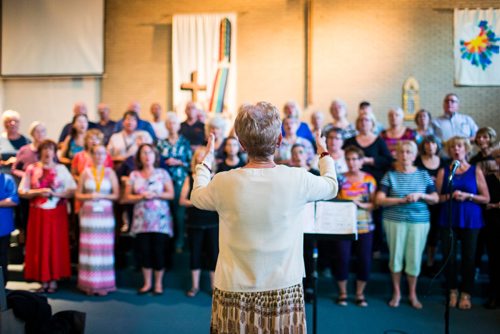 MIKAELA MACKENZIE / WINNIPEG FREE PRESS
Carole Stone leads the Sisters of the Holy Rock rehearsal at the John Black Memorial United Church in Winnipeg on Tuesday, Sept. 4, 2018. 
Winnipeg Free Press 2018.