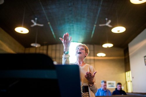 MIKAELA MACKENZIE / WINNIPEG FREE PRESS
Carole Stone leads the Sisters of the Holy Rock rehearsal at the John Black Memorial United Church in Winnipeg on Tuesday, Sept. 4, 2018. 
Winnipeg Free Press 2018.