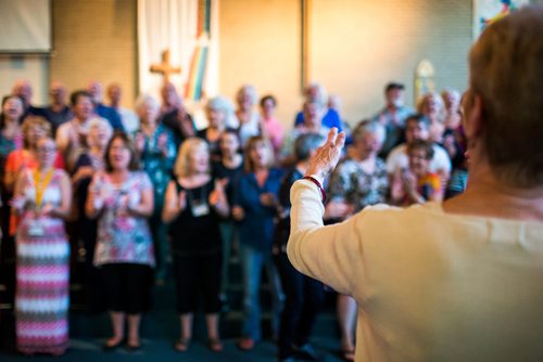 MIKAELA MACKENZIE / WINNIPEG FREE PRESS
Carole Stone leads the Sisters of the Holy Rock rehearsal at the John Black Memorial United Church in Winnipeg on Tuesday, Sept. 4, 2018. 
Winnipeg Free Press 2018.