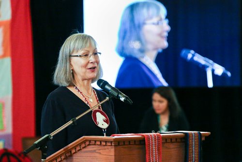 MIKE DEAL / WINNIPEG FREE PRESS
Chief Commissioner Marion Buller during the opening remarks at the National Inquiry into Missing and Murdered Indigenous Women and Girls being held at the Fort Garry Hotel Monday. 
181001 - Monday, October 01, 2018.