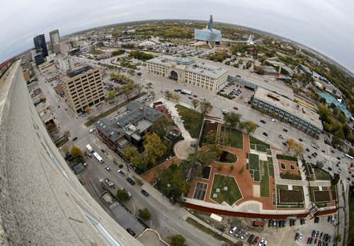 TREVOR HAGAN / WINNIPEG FREE PRESS
Portage and Main, The CMHR, VIA Station and Upper Fort Garry, as seen from Prairie 360, Monday, October 1, 2018.
