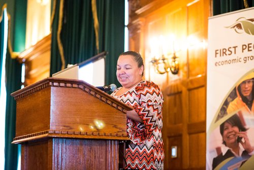 MIKAELA MACKENZIE / WINNIPEG FREE PRESS
Melissa Osadac, owner of Destination X BMX,  speaks at an event celebrating the successes of the First Peoples Economic Growth Fund at the Fort Garry Hotel in Winnipeg on Tuesday, Oct. 2, 2018.  Winnipeg Free Press 2018.