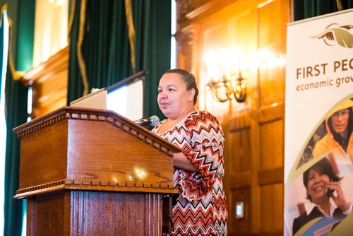 MIKAELA MACKENZIE / WINNIPEG FREE PRESS
Melissa Osadac, owner of Destination X BMX,  speaks at an event celebrating the successes of the First Peoples Economic Growth Fund at the Fort Garry Hotel in Winnipeg on Tuesday, Oct. 2, 2018.  Winnipeg Free Press 2018.