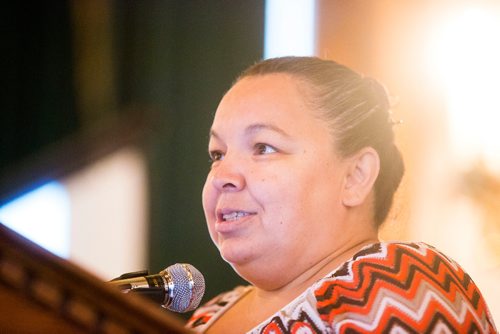 MIKAELA MACKENZIE / WINNIPEG FREE PRESS
Melissa Osadac, owner of Destination X BMX,  speaks at an event celebrating the successes of the First Peoples Economic Growth Fund at the Fort Garry Hotel in Winnipeg on Tuesday, Oct. 2, 2018.  Winnipeg Free Press 2018.