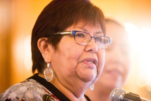 MIKAELA MACKENZIE / WINNIPEG FREE PRESS
Florence Duncan, owner of Flossys Pizza, speaks at an event celebrating the successes of the First Peoples Economic Growth Fund at the Fort Garry Hotel in Winnipeg on Tuesday, Oct. 2, 2018.  Winnipeg Free Press 2018.