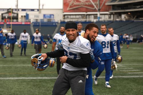 RUTH BONNEVILLE / WINNIPEG FREE PRESS

Winnipeg Blue Bombers practice at Investors Group Field Tuesday.

#45 Santos Knox and #27  Kienan LaFrance, goof around at end of practice.  

October 2nd, 2018