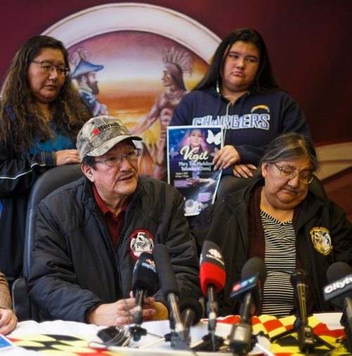 MIKE DEAL / WINNIPEG FREE PRESS
Rex (left) and Hager Ross, parents of Mary Tom Yellowback speak about their daughter who was found dead in a recycling depot. In the back row are Mary's aunt, Louise Ross Okemow (left) and Mary's daughter, Pearl Yellowback (right).
181002 - Tuesday, October 02, 2018.