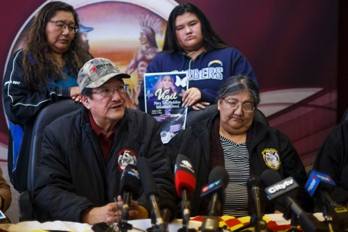 MIKE DEAL / WINNIPEG FREE PRESS
Rex (left) and Hager Ross, parents of Mary Tom Yellowback speak about their daughter who was found dead in a recycling depot. In the back row are Mary's aunt, Louise Ross Okemow (left) and Mary's daughter, Pearl Yellowback (right).
181002 - Tuesday, October 02, 2018.