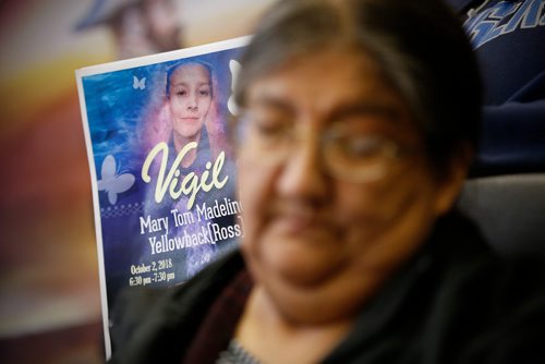 JOHN WOODS / WINNIPEG FREE PRESS
A vigil poster is held behind Hager Ross, mother of Mary Yellowback, whose body was found in a recycling depot over the weekend, at a press conference at Manitoba Keewatinowi Okimakanak (MKO) Tuesday, October 2, 2018. Winnipeg police are looking into her death as suspicious.