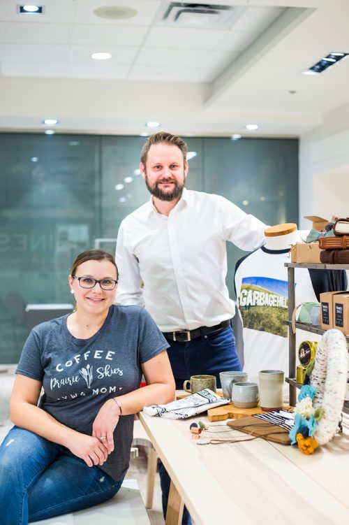 MIKAELA MACKENZIE / WINNIPEG FREE PRESS
Melissa Penner and Donavan Robinson of Made Here, which will be opening at the Portage and Main Concourse this Thursday, displays products from local makers and artisans with a portion of proceeds going to children's charities in Winnipeg on Wednesday, Oct. 3, 2018.  Winnipeg Free Press 2018.