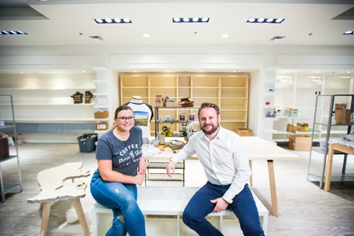 MIKAELA MACKENZIE / WINNIPEG FREE PRESS
Melissa Penner and Donavan Robinson of Made Here, which will be opening at the Portage and Main Concourse this Thursday, displays products from local makers and artisans with a portion of proceeds going to children's charities in Winnipeg on Wednesday, Oct. 3, 2018.  Winnipeg Free Press 2018.