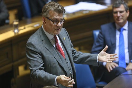 MIKE DEAL / WINNIPEG FREE PRESS
Manitoba Liberal leader Dougald Lamont speaks for the first time in the Legislative Assembly since being elected in a by-election held on July 17 for the St. Boniface riding. 
181003 - Wednesday, October 3, 2018