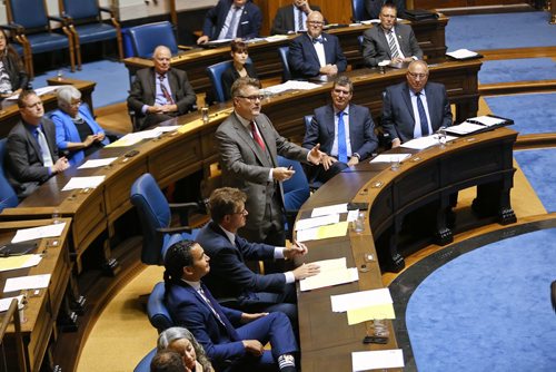 MIKE DEAL / WINNIPEG FREE PRESS
Manitoba Liberal leader Dougald Lamont speaks for the first time in the Legislative Assembly since being elected in a by-election held on July 17 for the St. Boniface riding. 
181003 - Wednesday, October 3, 2018