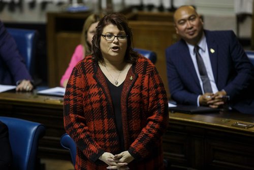 MIKE DEAL / WINNIPEG FREE PRESS
Minister of Crown Services Colleen Mayer MLA for St. Vital answers a question during question period in the Manitoba Legislative Assembly.
181003 - Wednesday, October 03, 2018.