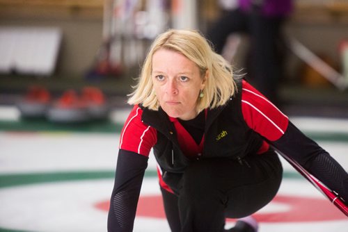 MIKAELA MACKENZIE / WINNIPEG FREE PRESS
Sarah Flueckiger at the Margarita Curling Club's open bonspiel, where 64 teams from around the world compete, at the Granite Curling Club in Winnipeg on Thursday, Oct. 4, 2018.  Winnipeg Free Press 2018.