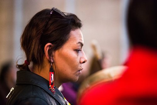 MIKAELA MACKENZIE / WINNIPEG FREE PRESS
Gaziibigon Naashik Ikwe plays with the Dancing Spirit drum group at an event celebrating the lives of missing and murdered indigenous women and girls at the Manitoba Legislative Building in Winnipeg on Thursday, Oct. 4, 2018.  Winnipeg Free Press 2018.