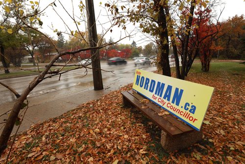 RUTH BONNEVILLE / WINNIPEG FREE PRESS

Photo of a bus bench on Roblin Blvd. with advertisement for Grant Nordman who is running for city councillor of  Charleswood-Tuxedo area. 

 For story on allegations that Nordman,  former city councillor, broke election campaigning and finance rules by putting up signage for his campaign 1 day before it is allowed.  

See Aldo's story.  

October 5th, 2018
