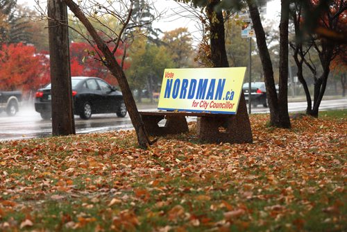 RUTH BONNEVILLE / WINNIPEG FREE PRESS

Photo of a bus bench on Roblin Blvd. with advertisement for Grant Nordman who is running for city councillor of  Charleswood-Tuxedo area. 

 For story on allegations that Nordman,  former city councillor, broke election campaigning and finance rules by putting up signage for his campaign 1 day before it is allowed.  

See Aldo's story.  

October 5th, 2018