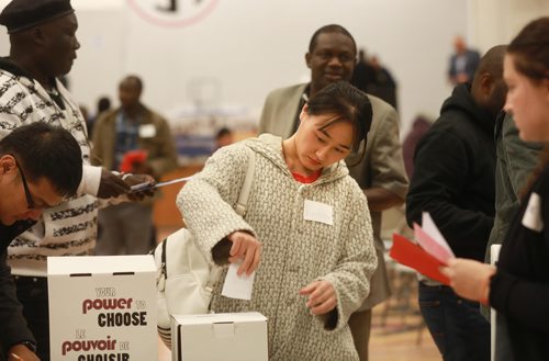 RUTH BONNEVILLE / WINNIPEG FREE PRESS

Photos of NEWCOMERS FORUM: Immigration Partnership Winnipeg (IPW), with the support of nearly 30 community organizations, hosts a first-of-its kind mayoral candidates forum on newcomer issues,  at Hugh John MacDonald School's gym Saturday. 

People cast their vote in mock voting booths to help them get used to voting after forum is over.  

See Carol Sanders story.

October 6th, 2018