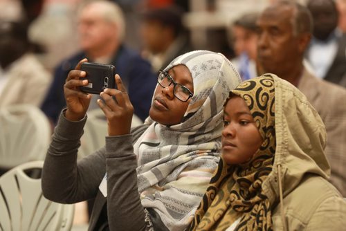 RUTH BONNEVILLE / WINNIPEG FREE PRESS

Photos of NEWCOMERS FORUM: Immigration Partnership Winnipeg (IPW), with the support of nearly 30 community organizations, hosts a first-of-its kind mayoral candidates forum on newcomer issues,  at Hugh John MacDonald School's gym Saturday. 

Community members Fatima Sufi (left) and Ruweda Mohamed from Saudi Arabia, video the forum Saturday. 

See Carol Sanders story.

October 6th, 2018