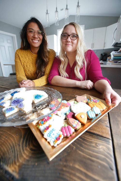 JOHN WOODS / WINNIPEG FREE PRESS
Jenn Strauman, right, and Mary Lou Vendivil, owners of Scientific Sweets, a two-year-old home-based cookie biz that made headlines in June when Khloe Kardashian ordered cookies, in the image of her new baby, are photographed in Strauman's home Monday, October 8, 2018.