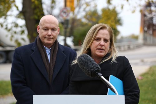 MIKE DEAL / WINNIPEG FREE PRESS
Mayoral candidate Jenny Motkaluk at an infrastructure announcement with Incumbent Winnipeg councillor for the Elmwood - East Kildonan Ward, Jason Schreyer, declaring that she would make the Louise Bridge replacement a major priority if she was elected. 
181009 - Monday, October 9, 2018