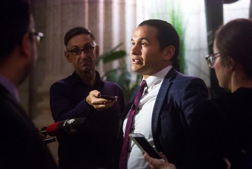 MIKAELA MACKENZIE / WINNIPEG FREE PRESS
NDP leader Was Kinew speaks to the media about the way the Pallister government is handling cannabis legalization at the Manitoba Legislative Building in Winnipeg on Wednesday, Oct. 10, 2018.
Winnipeg Free Press 2018.