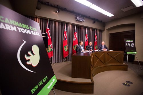 MIKAELA MACKENZIE / WINNIPEG FREE PRESS
Justice Minister Cliff Cullen (left), Health, Seniors and Active Living Minister Cameron Friesen, and Growth, Enterprise and Trade Minister Blaine Pedersen talk cannabis with the media at the Manitoba Legislative Building in Winnipeg on Wednesday, Oct. 10, 2018.
Winnipeg Free Press 2018.