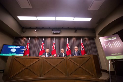 MIKAELA MACKENZIE / WINNIPEG FREE PRESS
Justice Minister Cliff Cullen (left), Health, Seniors and Active Living Minister Cameron Friesen, and Growth, Enterprise and Trade Minister Blaine Pedersen talk cannabis with the media at the Manitoba Legislative Building in Winnipeg on Wednesday, Oct. 10, 2018.
Winnipeg Free Press 2018.