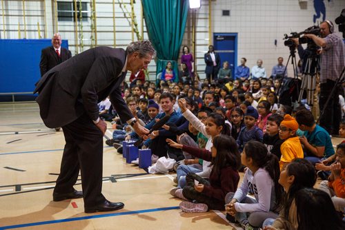 MIKE DEAL / WINNIPEG FREE PRESS
After announcing a new kindergarten to Grade 8 school in Waterford Green, Premier Brian Pallister took some questions from a few students in the crowd at Meadows West School Thursday morning. 
The 76,430-sq.-ft. school will be located at Jefferson Avenue east of King Edward Street and will be open by September 2020.
181011 - Thursday, October 11, 2018.
