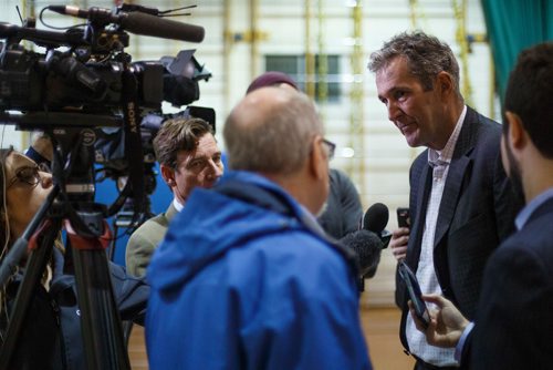 MIKE DEAL / WINNIPEG FREE PRESS
After announcing a new kindergarten to Grade 8 school in Waterford Green, Premier Brian Pallister talks to reporters in the gym at Meadows West School Thursday morning. 
The 76,430-sq.-ft. school will be located at Jefferson Avenue east of King Edward Street and will be open by September 2020.
181011 - Thursday, October 11, 2018.