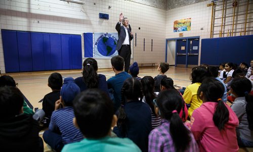 MIKE DEAL / WINNIPEG FREE PRESS
Premier Brian Pallister announced a new kindergarten to Grade 8 school in Waterford Green in the gymnasium of Meadows West School Thursday morning. 
The 76,430-sq.-ft. school will be located at Jefferson Avenue east of King Edward Street and will be open by September 2020.
181011 - Thursday, October 11, 2018.