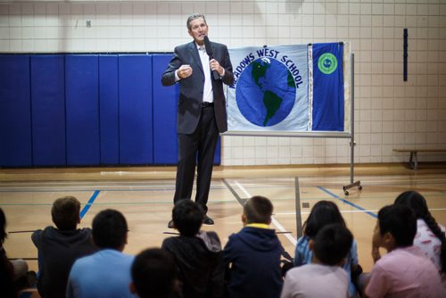 MIKE DEAL / WINNIPEG FREE PRESS
Premier Brian Pallister announced a new kindergarten to Grade 8 school in Waterford Green in the gymnasium of Meadows West School Thursday morning. 
The 76,430-sq.-ft. school will be located at Jefferson Avenue east of King Edward Street and will be open by September 2020.
181011 - Thursday, October 11, 2018.