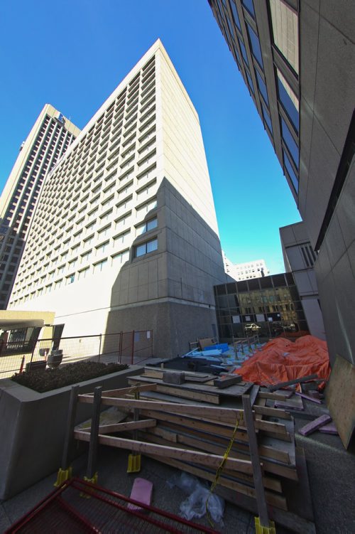MIKE DEAL / WINNIPEG FREE PRESS
The owners of the property where The Fairmont and the Richardson Building sit just east of Portage and Main are replacing the membrane that waterproofs the roof of their side of the underground concourse. 
181012 - Friday, October 12, 2018