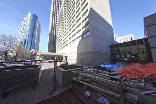 MIKE DEAL / WINNIPEG FREE PRESS
The owners of the property where The Fairmont and the Richardson Building sit just east of Portage and Main are replacing the membrane that waterproofs the roof of their side of the underground concourse. 
181012 - Friday, October 12, 2018