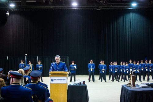 MIKAELA MACKENZIE / WINNIPEG FREE PRESS
Valedictorian Bryan Romaniuk speaks at the graduation ceremony for recruit class 161 and 161 lateral takes place at the RBC Convention Centre in Winnipeg on Friday, Oct. 12, 2018. 
Winnipeg Free Press 2018.