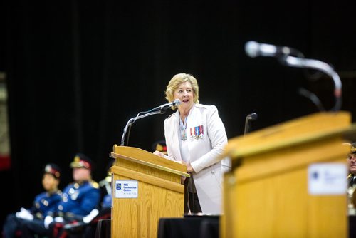 MIKAELA MACKENZIE / WINNIPEG FREE PRESS
Lieutenant Governor of Manitoba, Janice Filmon, speaks at the graduation ceremony for recruit class 161 and 161 lateral takes place at the RBC Convention Centre in Winnipeg on Friday, Oct. 12, 2018. 
Winnipeg Free Press 2018.