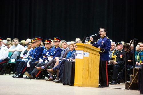 MIKAELA MACKENZIE / WINNIPEG FREE PRESS
Police Chief Danny Smyth speaks at the graduation ceremony for recruit class 161 and 161 lateral takes place at the RBC Convention Centre in Winnipeg on Friday, Oct. 12, 2018. 
Winnipeg Free Press 2018.