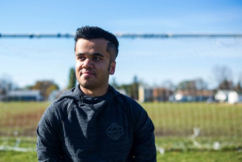 MIKAELA MACKENZIE / WINNIPEG FREE PRESS
Vivek Bhagria, the only Manitoban and one of three Canadians on the North American team in the first ever Dwarf World Cup in Buenos Aires, poses at his childhood soccer field in Winnipeg on Friday, Oct. 12, 2018. 
Winnipeg Free Press 2018.
