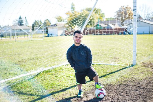 MIKAELA MACKENZIE / WINNIPEG FREE PRESS
Vivek Bhagria, the only Manitoban and one of three Canadians on the North American team in the first ever Dwarf World Cup in Buenos Aires, poses at his childhood soccer field in Winnipeg on Friday, Oct. 12, 2018. 
Winnipeg Free Press 2018.